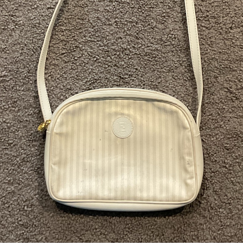 Vintage Fendi Logo White Canvas Leather Crossbody Purse Tote Bag